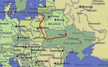 Image of a map of Eastern Europe showing the route traveled by the truck hauling our container to Kviv (Kiev)